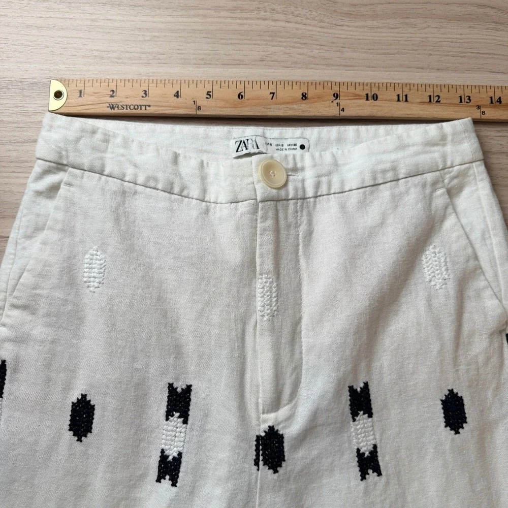 Zara Embroidered Linen Blend Straight Leg Pants White Green Small